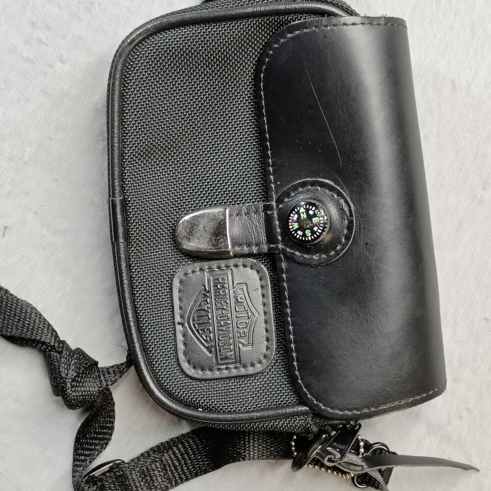 Harley Davidson Black Nylon Leather Crossbody Travel Bag Compass Moto Biker